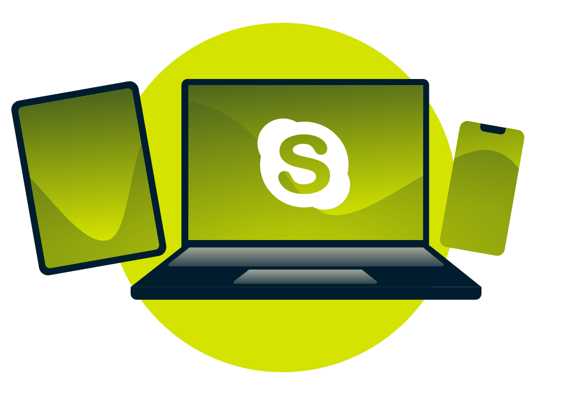 Skype 로고가 있는 노트북, 태블릿, 휴대폰입니다.